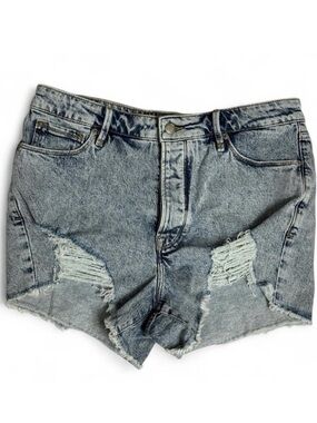 GOOD AMERICAN Bombshell Shorts Frayed Hem Distressed Size 12/31 Blue Light Wash